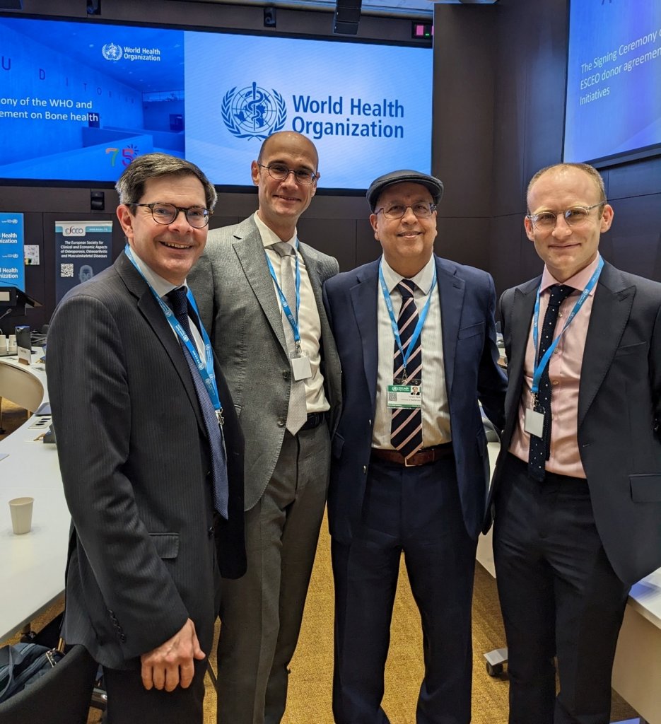Professors Cooper and Harvey, and Dr Fuggle with Dr Philippe Halbout, IOF Chief Executive Officer, at WHO Headquarters.
